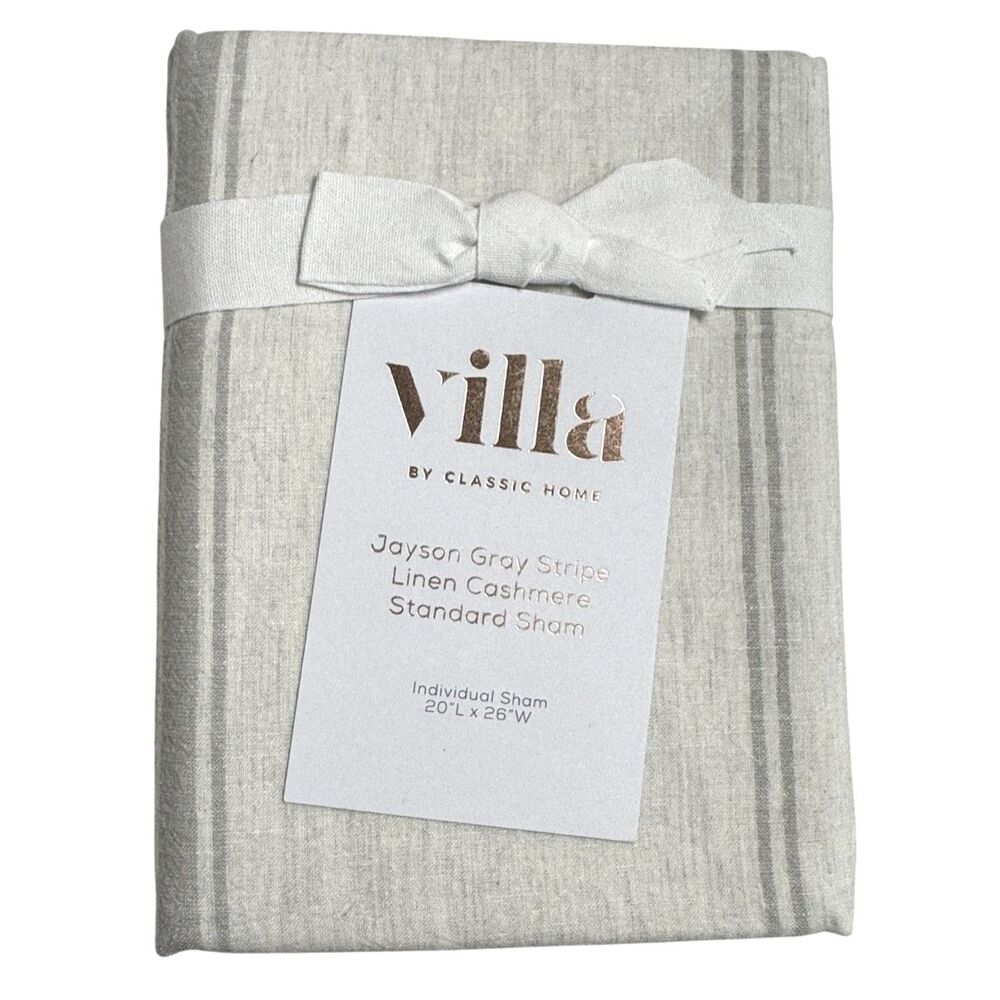 NWT Villa by Classic Home Jayson Linen Cashmere Blend Standard Sham Gray Stripe